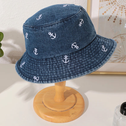 Korean Washed Denim Anchor Fisherman Bucket Hat