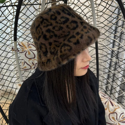 Vintage Leopard Plush Fur Winter Bucket Hat