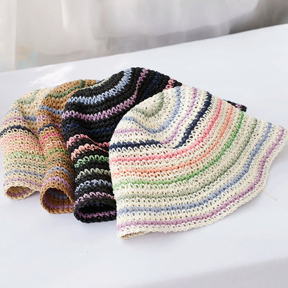 Rainbow Woven Japanese Straw Summer Bucket Hat