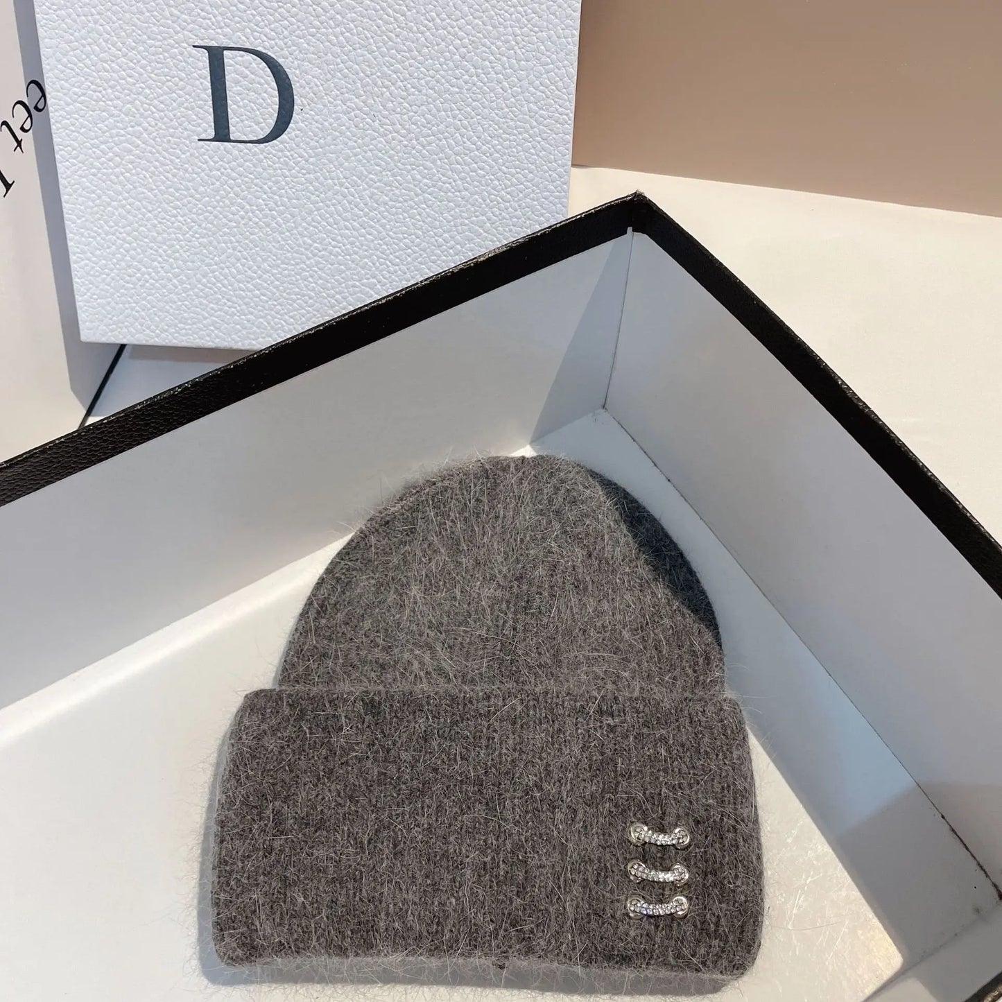 Trendy Ring Buckle Detail Rabbit Hair Knitted Hat