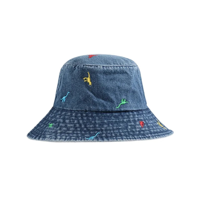 Denim Dinosaur Embroidery Cute Summer Bucket Hat