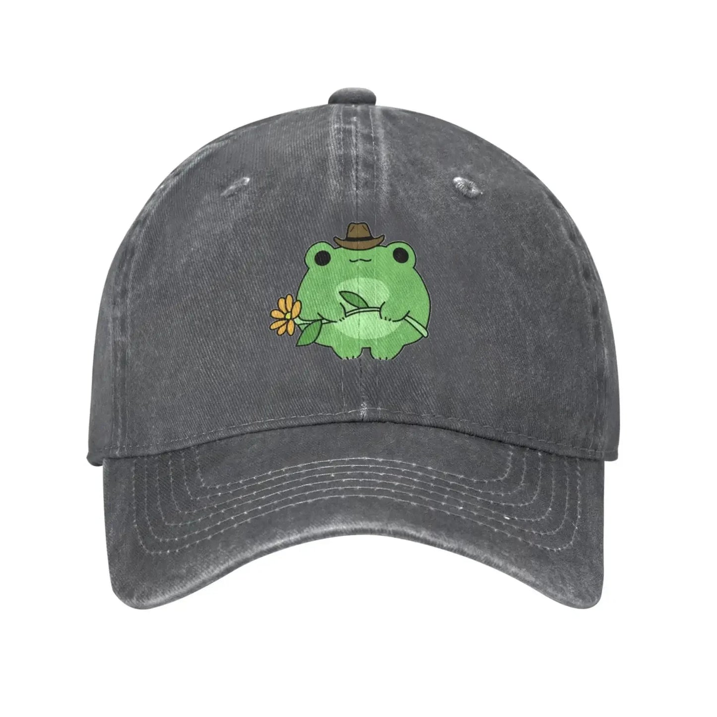 Cute Frog Flower Washed Denim Adjustable Baseball Cap