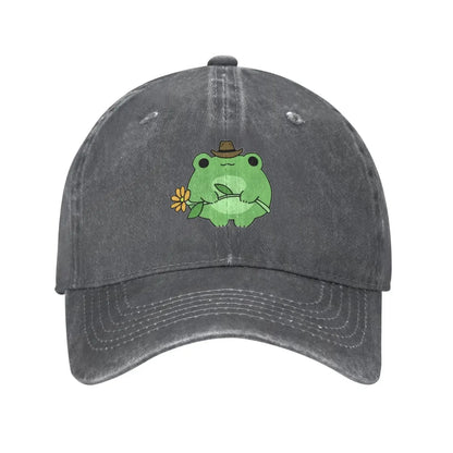 Cute Frog Flower Washed Denim Adjustable Baseball Cap