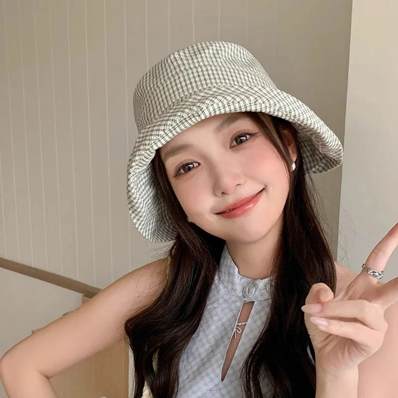 Korean Plaid Foldable Big Brim Summer Bucket Hat