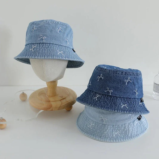Baby Bow Pattern Denim Kids Bucket Hat