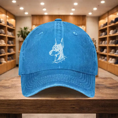 Doberman Printed Washed Denim Adjustable Baseball Cap
