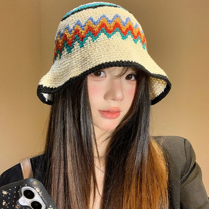 Korean Color Matching Handwoven Wide Brim Knitted Bucket Hat