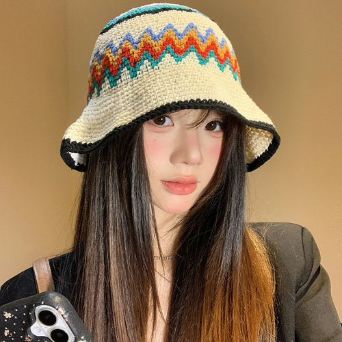 Korean Color Matching Handwoven Wide Brim Knitted Bucket Hat