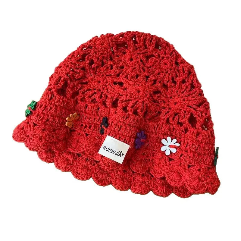 Korean Handmade Flower Hollow Knitted Bucket Hat