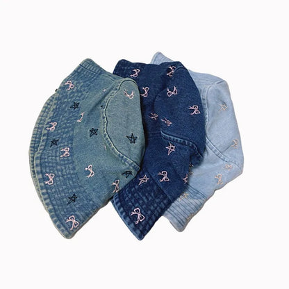 Autumn Butterfly Star Embroidery Washed Denim Bucket Hat