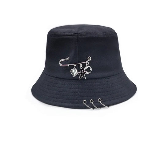 Black Metal Ring Foldable Bucket Hat Unisex