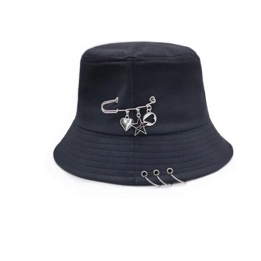 Black Metal Ring Foldable Bucket Hat Unisex