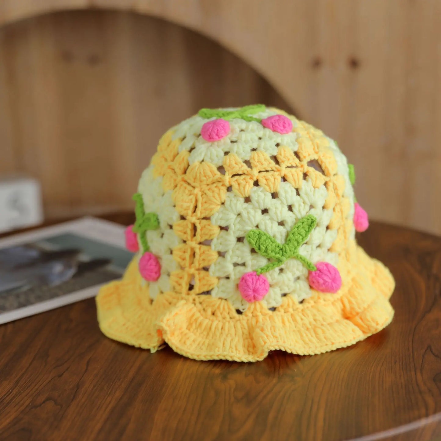 3D Cherry Crochet Ruffle Bucket Hat