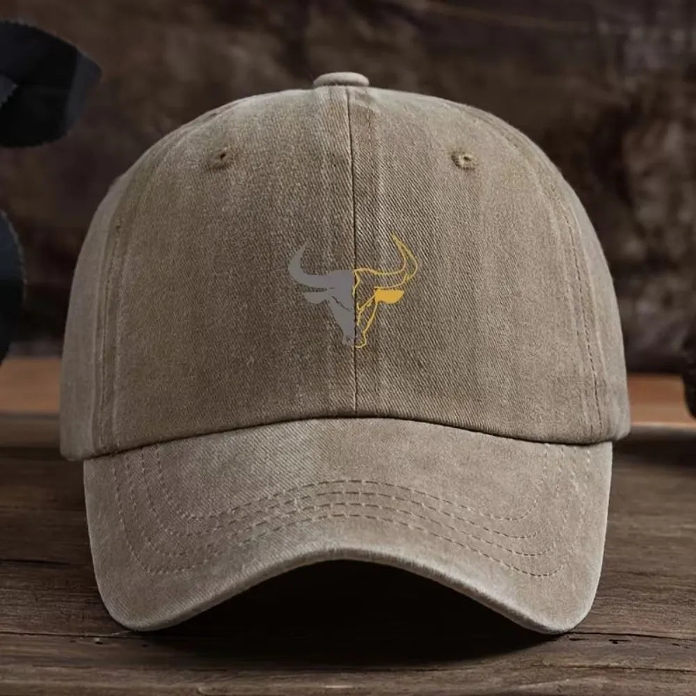 Washed Cotton Bull Head Printed Adjustable Baseball Cap