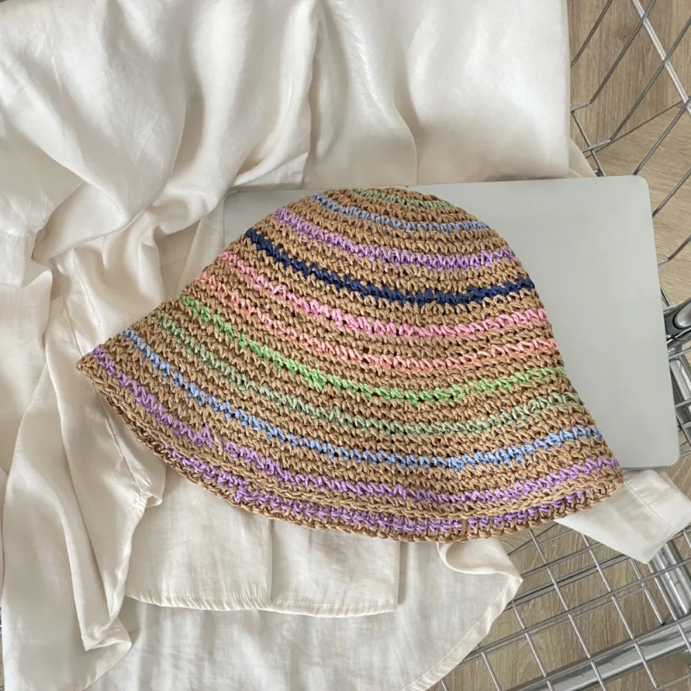 Womens Striped Rainbow Straw Summer Bucket Hat