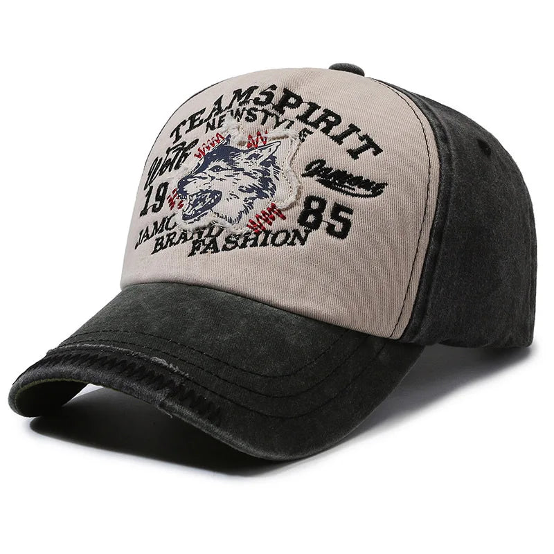 Vintage Wolf Embroidery Washed Baseball Cap