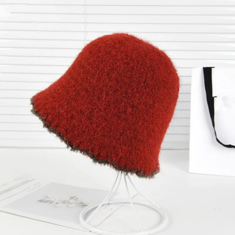 Autumn Winter Knitted Plush Warm Bucket Hat for Women