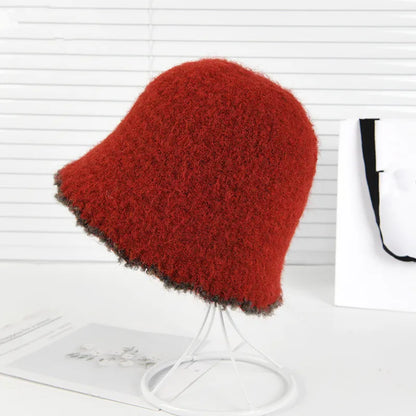 Autumn Winter Knitted Plush Warm Bucket Hat for Women