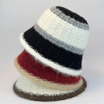 Wide-Striped Knitted Winter Bucket Hat
