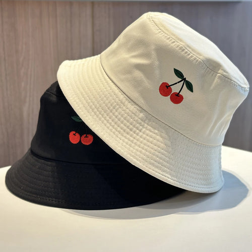 Solid Color Cherry Embroidered Cotton Bucket Hat