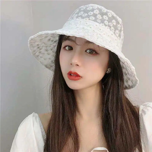 Summer Lace Daisy Embroidery Breathable Bucket Hat