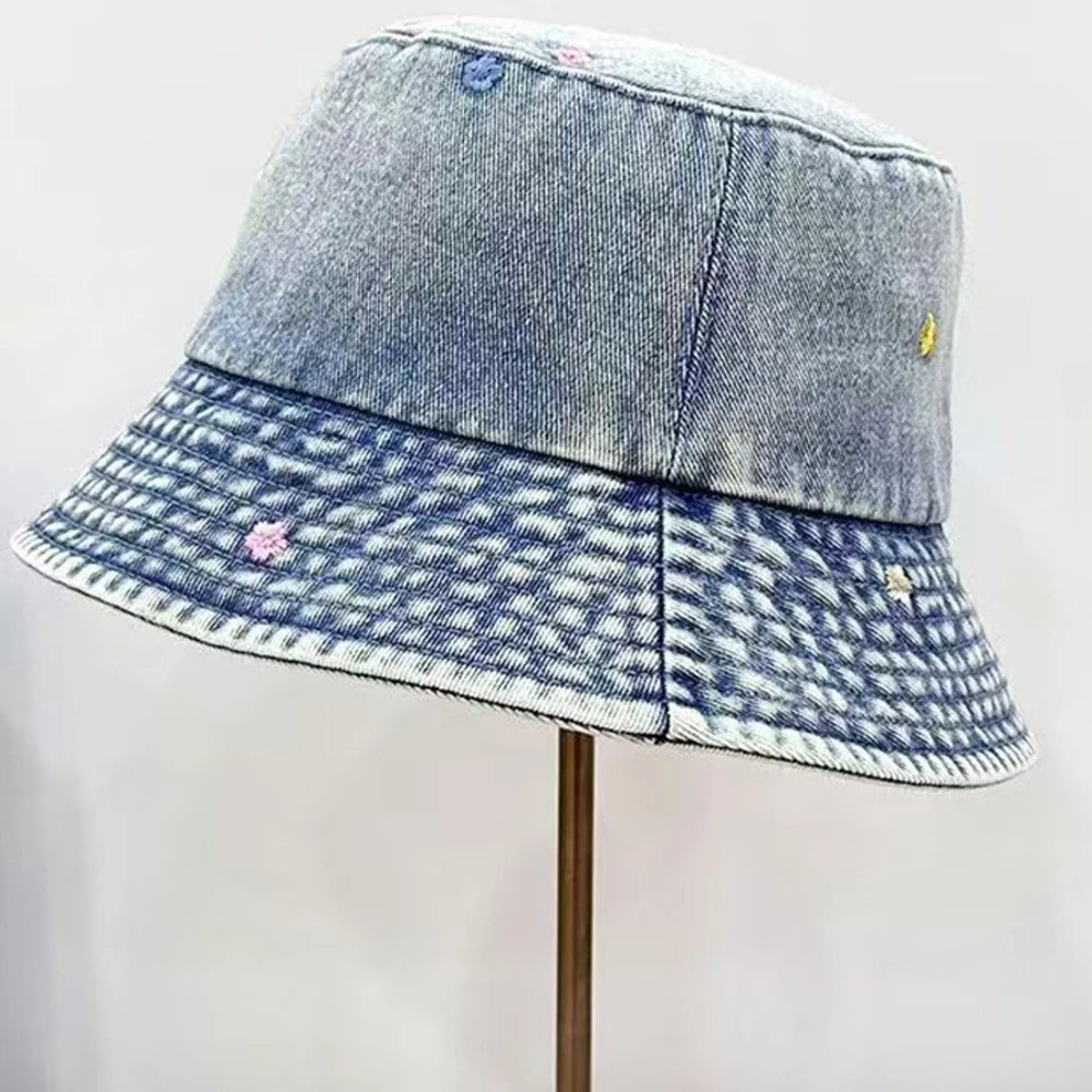 Korean Four Season Denim Flower Embroidered Bucket Hat