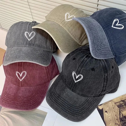 Women's Love Heart Embroidery Washed Cotton Baseball Cap