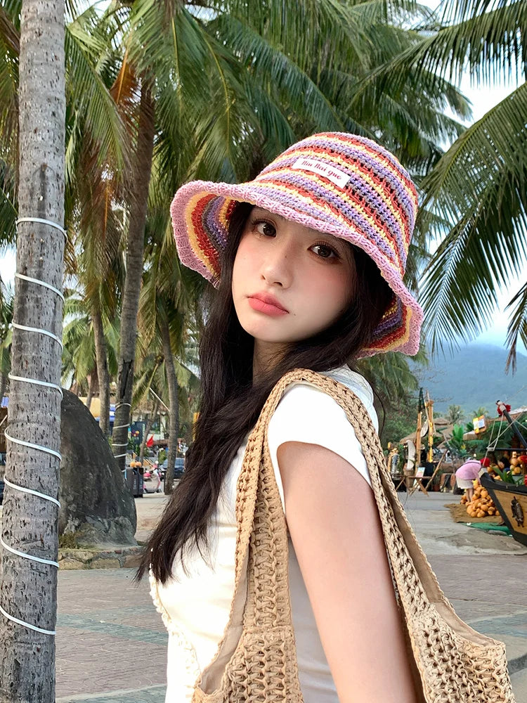 Summer Rainbow Striped Foldable Handmade Bucket Hat