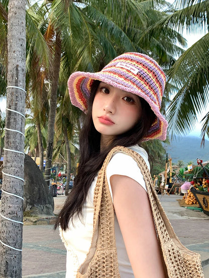 Summer Rainbow Striped Foldable Handmade Bucket Hat