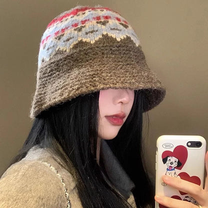 Retro Jacquard Knitted Korean Warm Women Bucket Hat