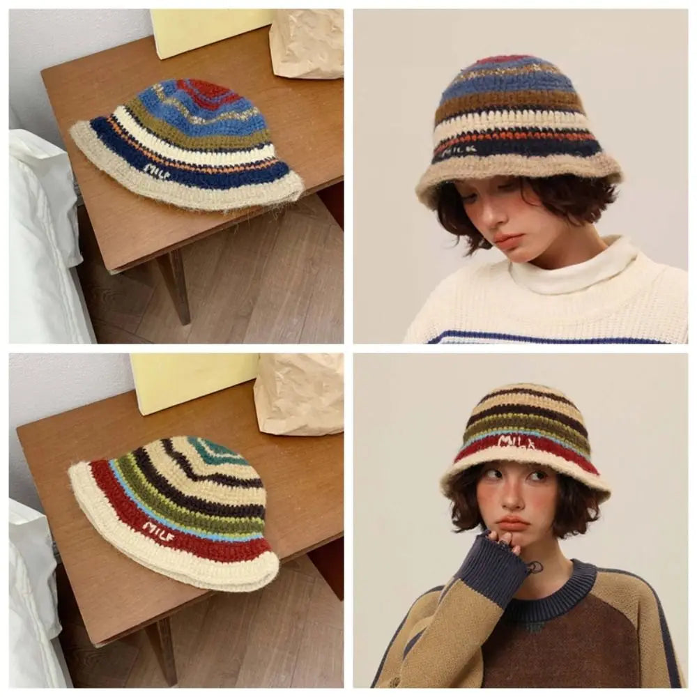 Korean Striped Warm Knitted Bucket Hat