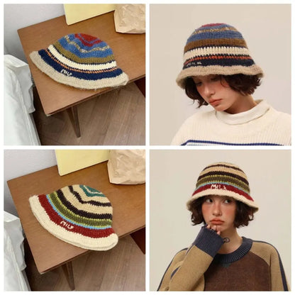 Korean Striped Warm Knitted Bucket Hat