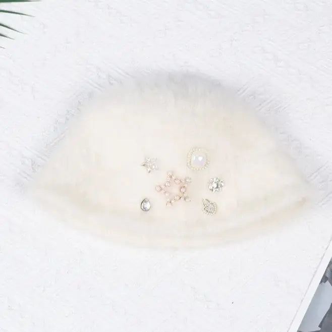 Rhinestone Sequined Rabbit Fur Knit Bucket Hat