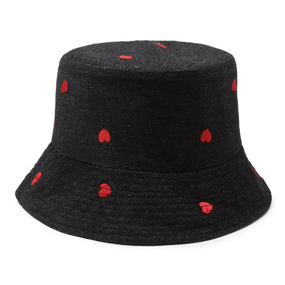 Korean Embroidered Heart Washed Denim Bucket Hat