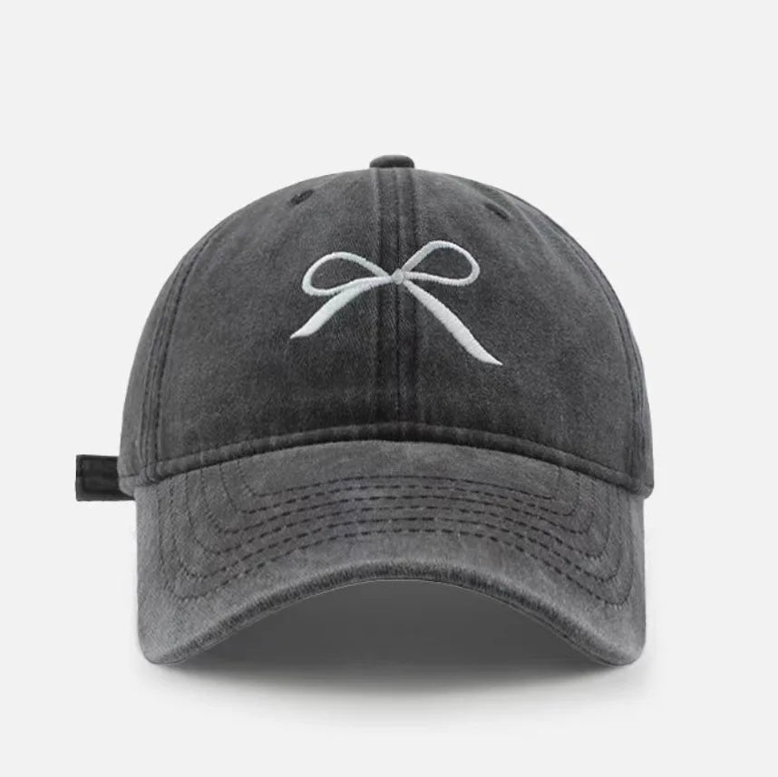 Women Bow Embroidered Washed Baseball Cap