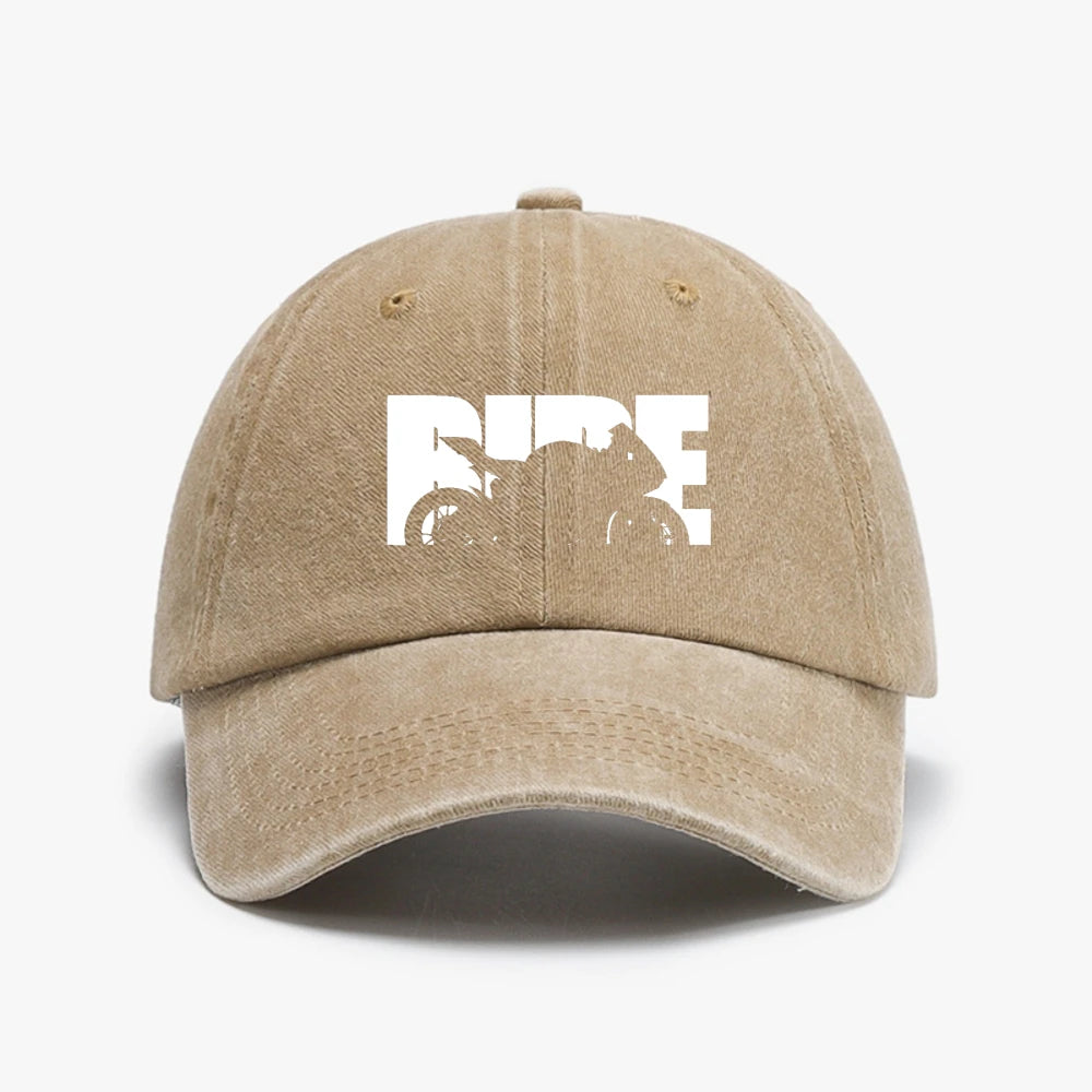 Vintage Motorcycle Print Washed Distressed Denim Baseball Cap