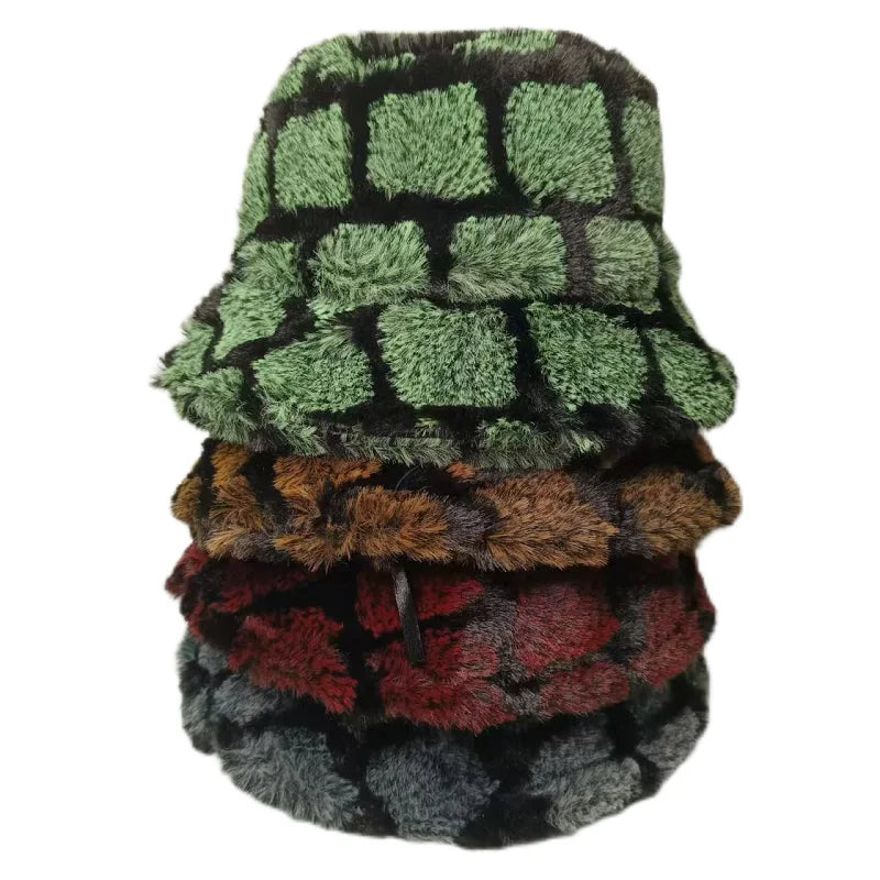 Unisex Plush Checkered Winter Bucket Hat