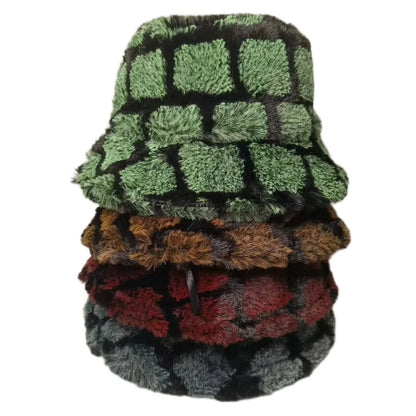Unisex Plush Checkered Winter Bucket Hat