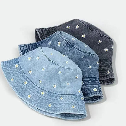 Women’s Daisy Embroidered Denim Summer Bucket Hat
