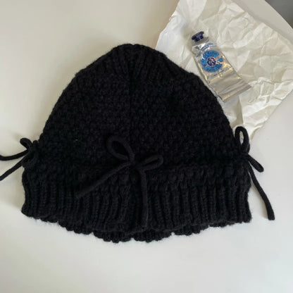 Korean Bow Decor Knit Bucket Hat