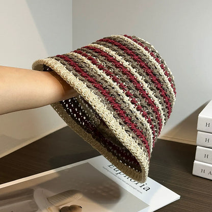 Handmade Stripe Foldable Fashion Straw Bucket Hat