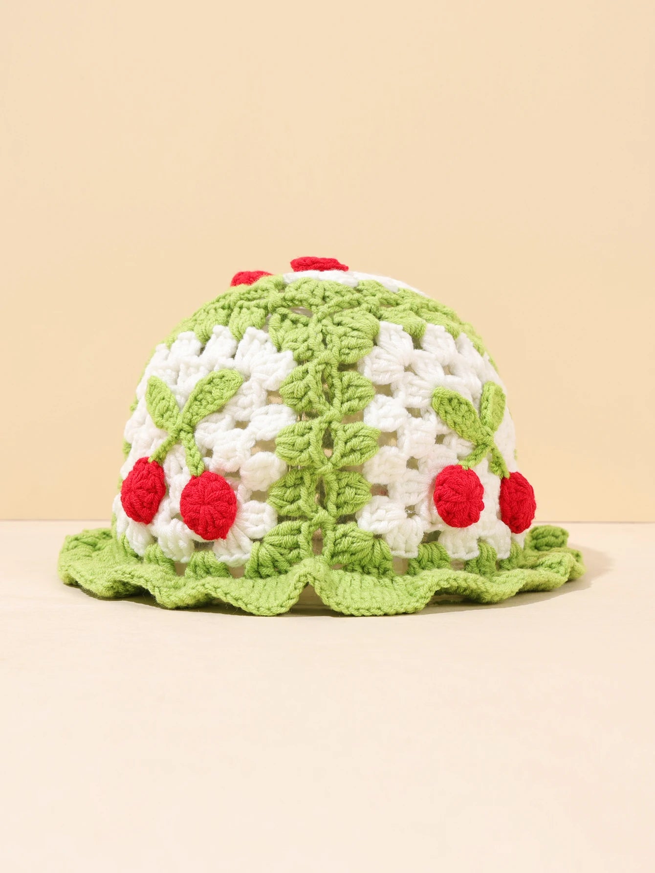 Retro Cherry Handmade Crochet Winter Bucket Hat