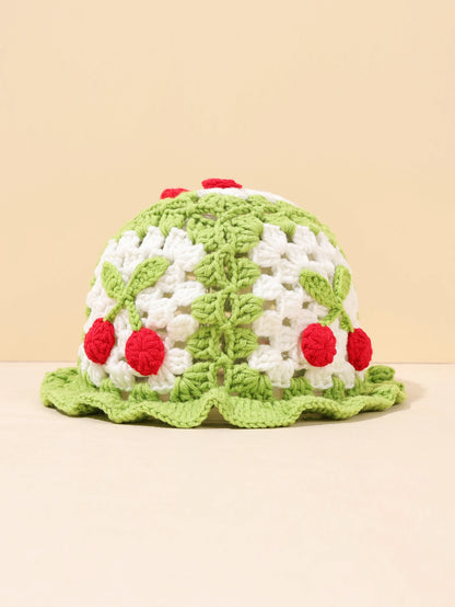 Retro Cherry Handmade Crochet Winter Bucket Hat