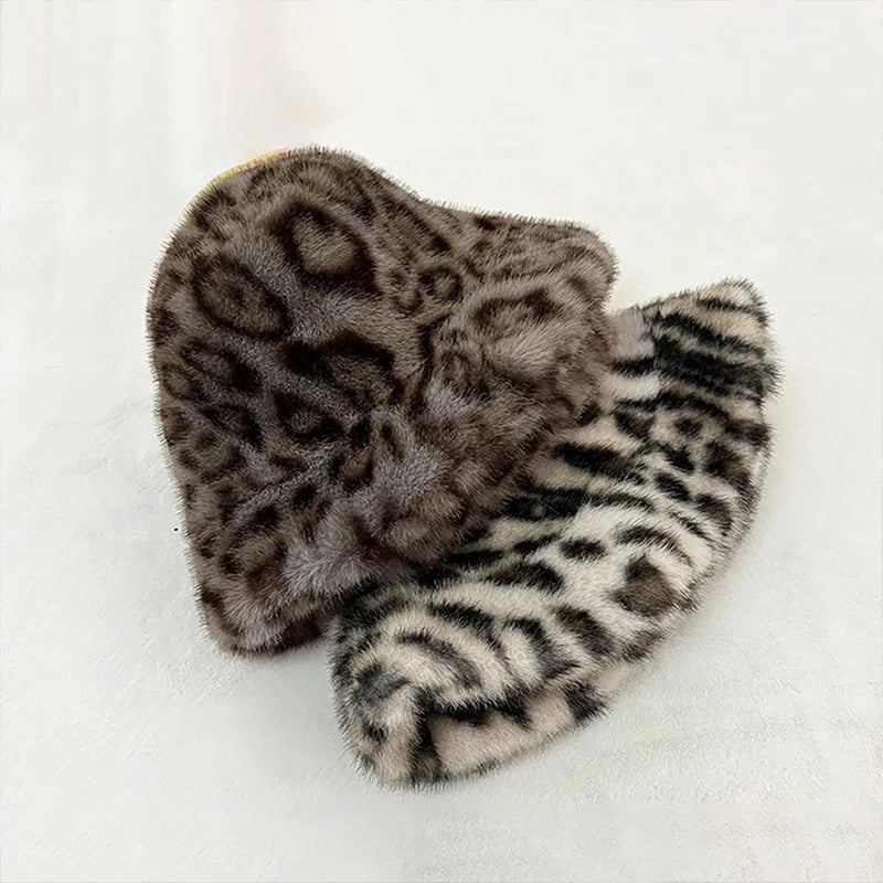 Leopard Faux Fur Plush Winter Bucket Hat