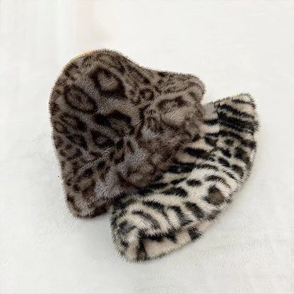Leopard Faux Fur Plush Winter Bucket Hat