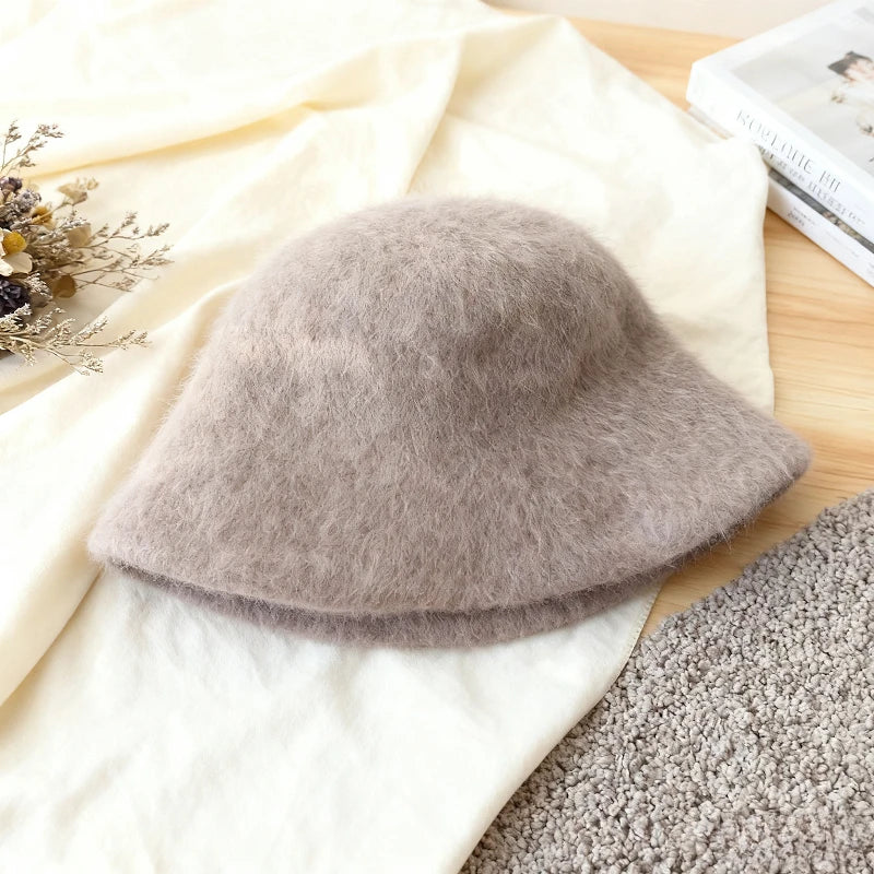 Korean Angora Rabbit Fur Winter Bucket Hat