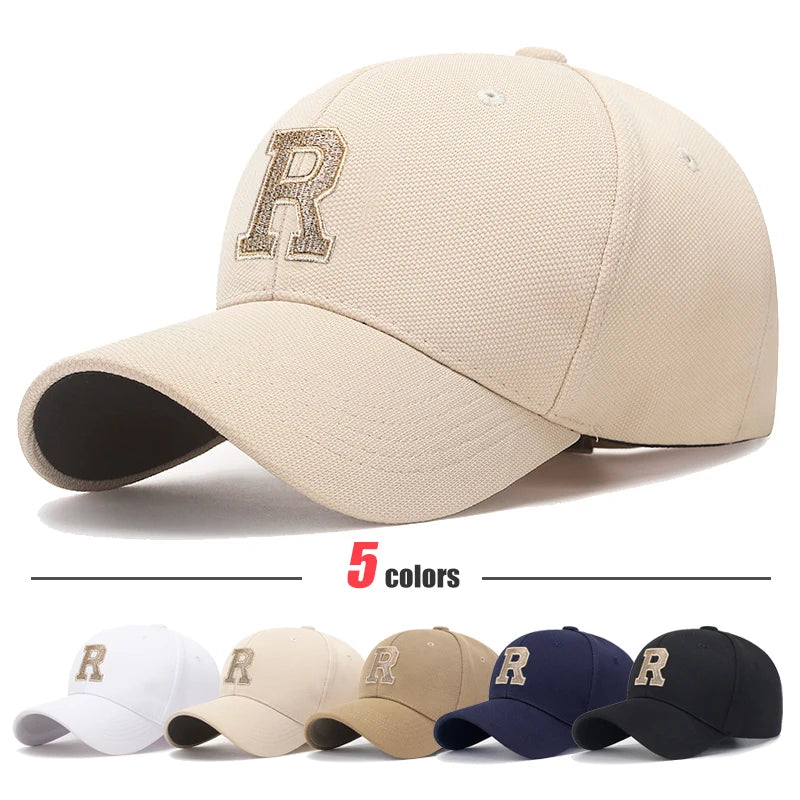 R Letter Gold Embroidery Premium Baseball Cap