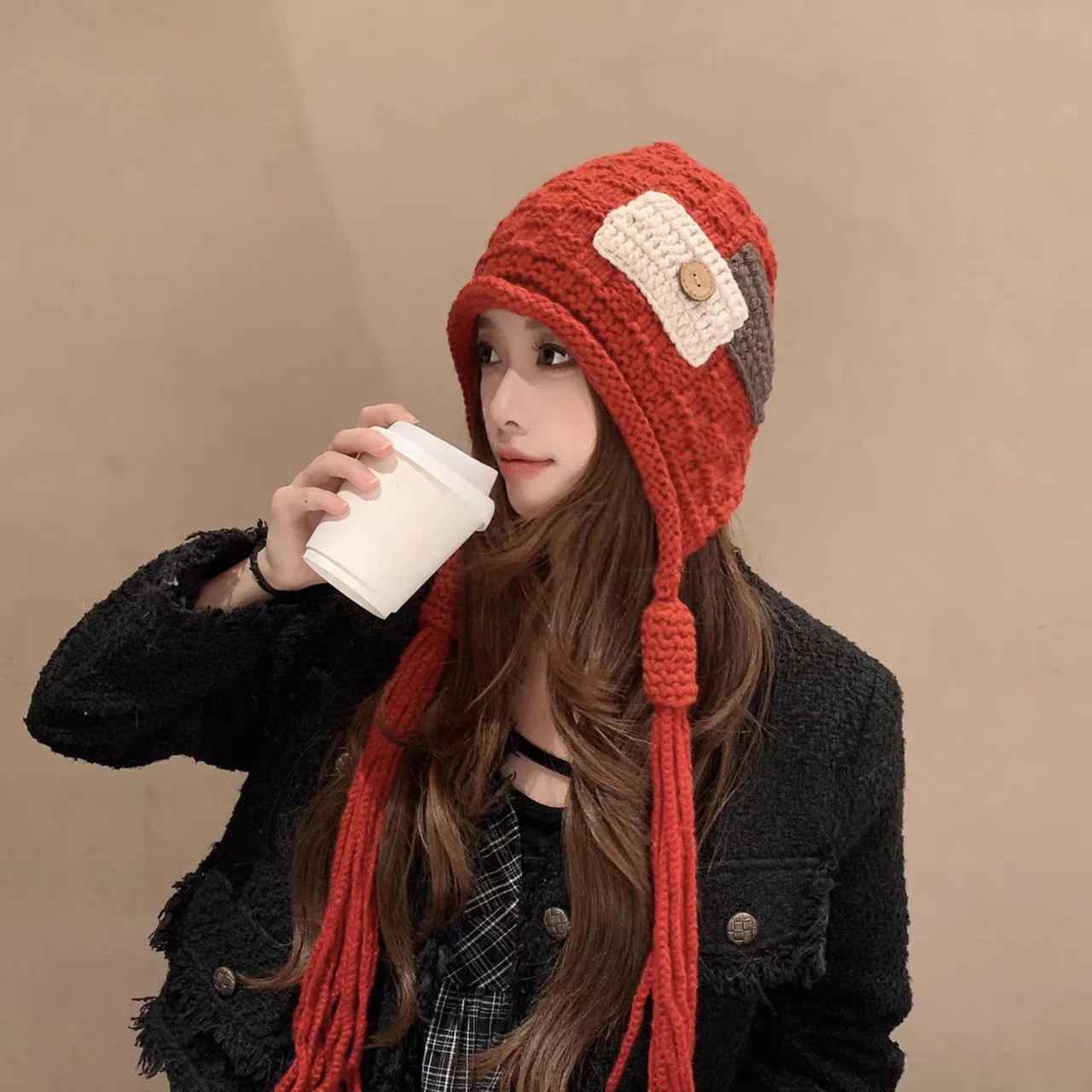 Knitted Wool Tassel Patchwork Winter Bucket Hat