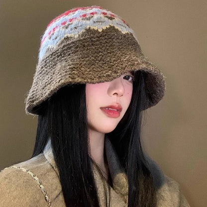 Retro Jacquard Knitted Korean Warm Women Bucket Hat
