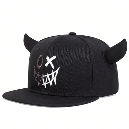 Smiling Face Cow Horn Snapback Cap